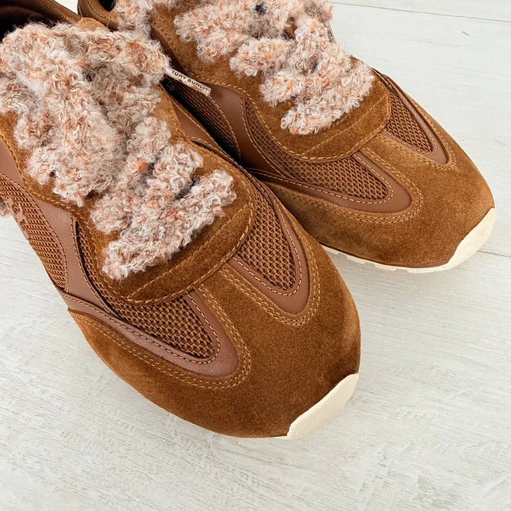 Tory Burch Field Sneakers Womens 8.5 Brown Leather Suede Lace Up Comfort Chic
